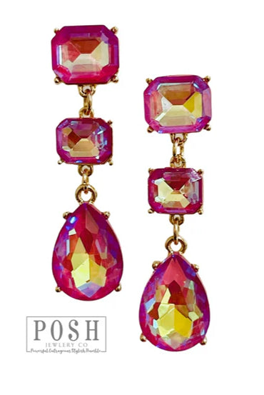 Posh Jewelry Co. Fuchsia Square And Teardrop Rhinestone Earring-Earrings-Posh Jewelry Co.-Deja Nu Boutique, Women's Fashion Boutique in Lampasas, Texas