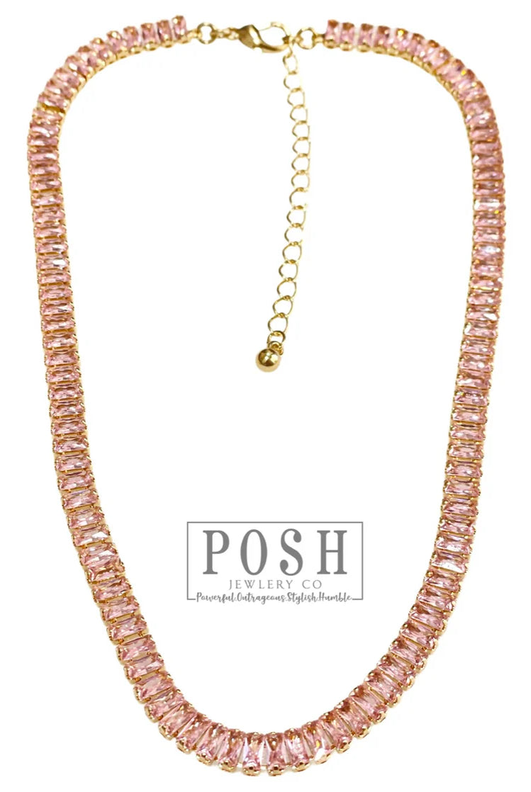 Posh Jewelry Co. Pink Baguette Rhinestone Tennis Necklace-Necklaces-Posh Jewelry Co.-Deja Nu Boutique, Women's Fashion Boutique in Lampasas, Texas