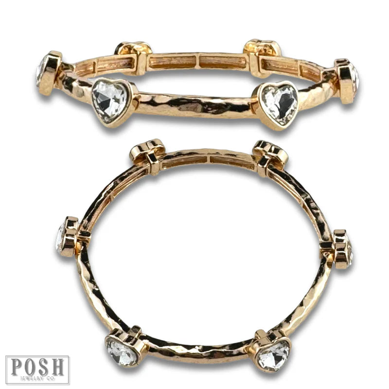 Posh Jewelry Co. Rhinestone Heart Stretch Cuff Bracelet In Gold Or Silver-Bracelets-Posh Jewelry Co.-Deja Nu Boutique, Women's Fashion Boutique in Lampasas, Texas