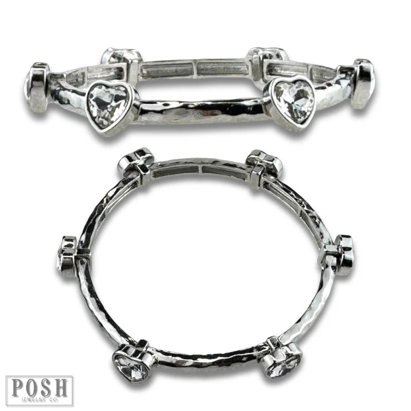 Posh Jewelry Co. Rhinestone Heart Stretch Cuff Bracelet In Gold Or Silver-Bracelets-Posh Jewelry Co.-Deja Nu Boutique, Women's Fashion Boutique in Lampasas, Texas