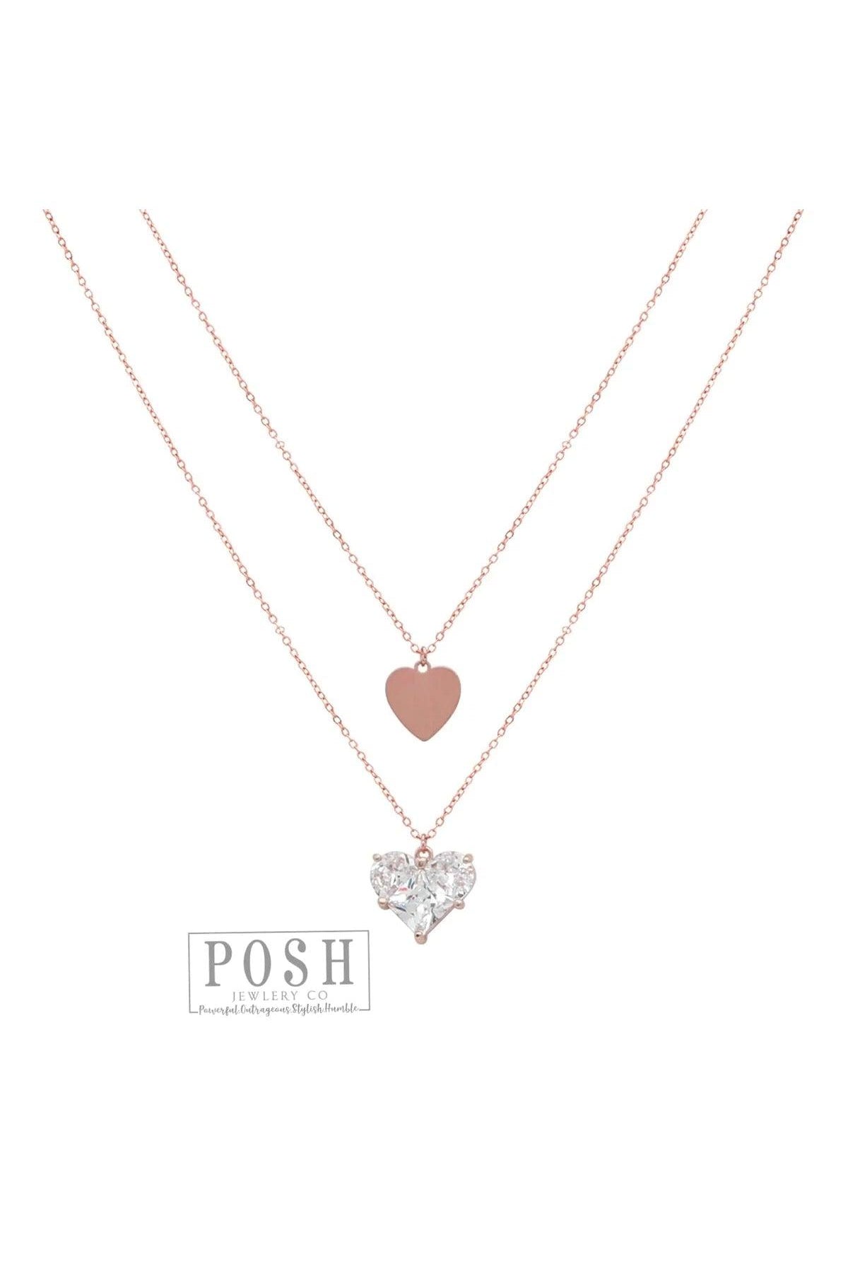 Posh Jewelry Co. Rose Gold Double Chain Necklace With Flat Heart And Faceted Heart Shaped Rhinestone-Necklaces-Posh Jewelry Co.-Deja Nu Boutique, Women's Fashion Boutique in Lampasas, Texas
