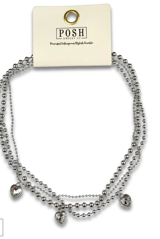 Posh Jewelry Co. Three Strand Rhinestone Heart Charm Necklace In Gold Or Silver-Necklaces-Posh Jewelry Co.-Deja Nu Boutique, Women's Fashion Boutique in Lampasas, Texas