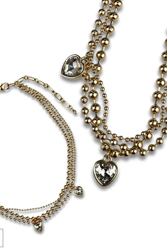 Posh Jewelry Co. Three Strand Rhinestone Heart Charm Necklace In Gold Or Silver-Necklaces-Posh Jewelry Co.-Deja Nu Boutique, Women's Fashion Boutique in Lampasas, Texas