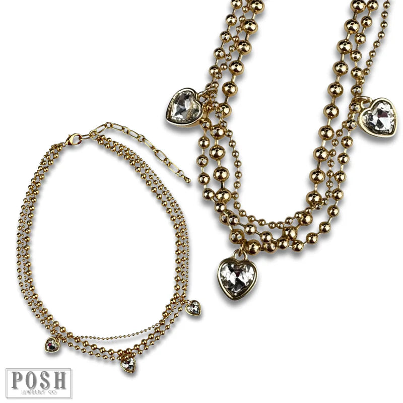 Posh Jewelry Co. Three Strand Rhinestone Heart Charm Necklace In Gold Or Silver-Necklaces-Posh Jewelry Co.-Deja Nu Boutique, Women's Fashion Boutique in Lampasas, Texas
