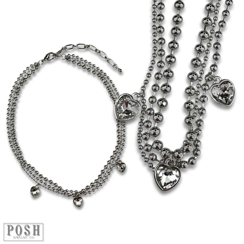 Posh Jewelry Co. Three Strand Rhinestone Heart Charm Necklace In Gold Or Silver-Necklaces-Posh Jewelry Co.-Deja Nu Boutique, Women's Fashion Boutique in Lampasas, Texas