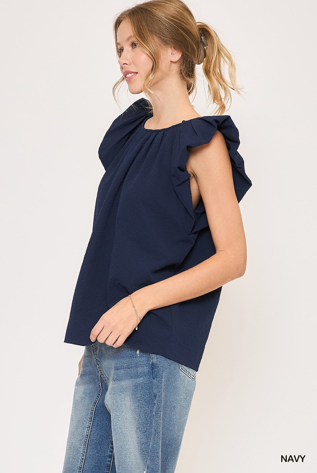 Navy Flutter Sleeve Pleated Crew Neck Blouse by Umgee-Tops-Umgee-Deja Nu Boutique, Women's Fashion Boutique in Lampasas, Texas