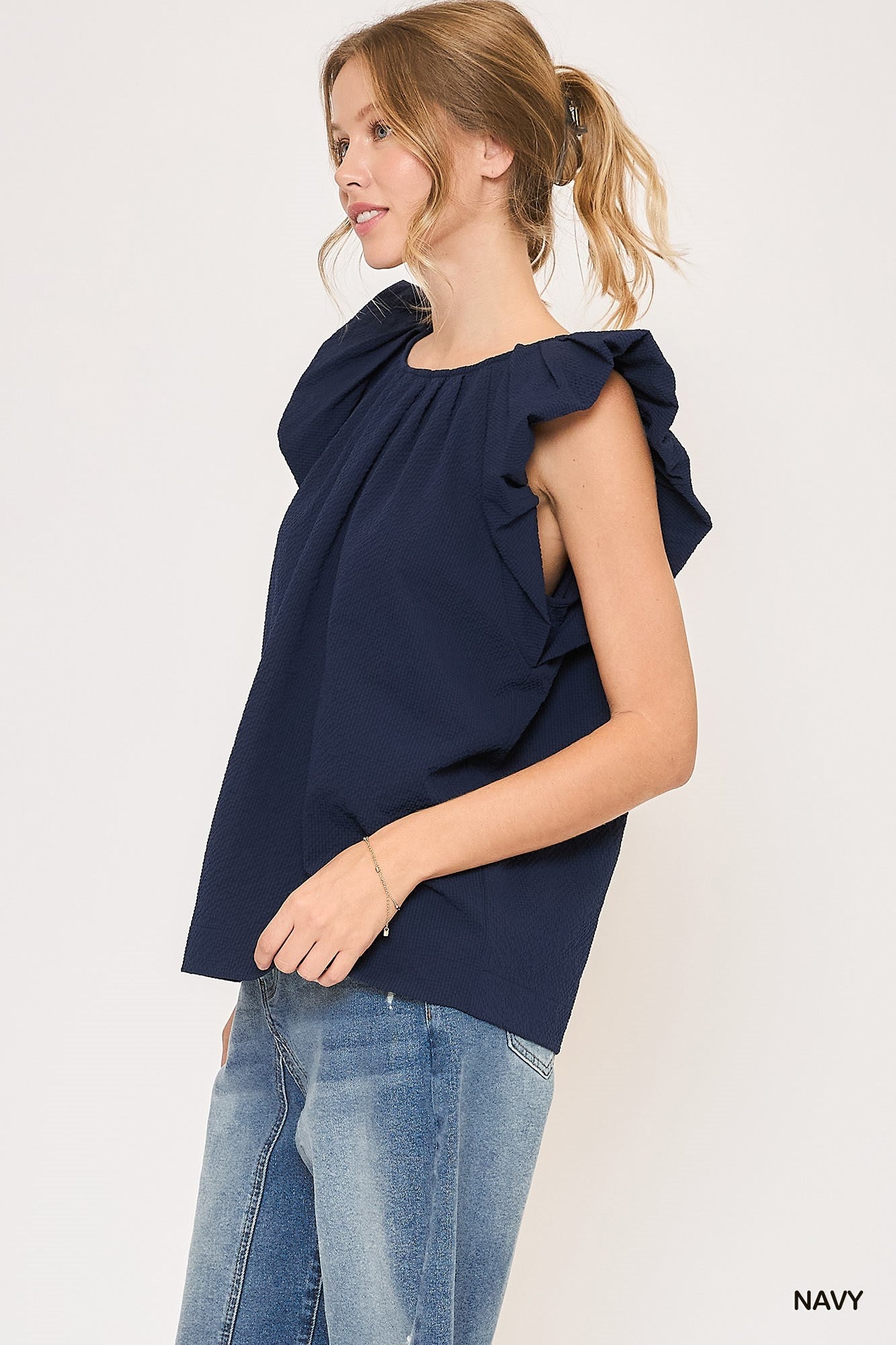 Navy Flutter Sleeve Pleated Crew Neck Blouse by Umgee-Tops-Umgee-Deja Nu Boutique, Women's Fashion Boutique in Lampasas, Texas