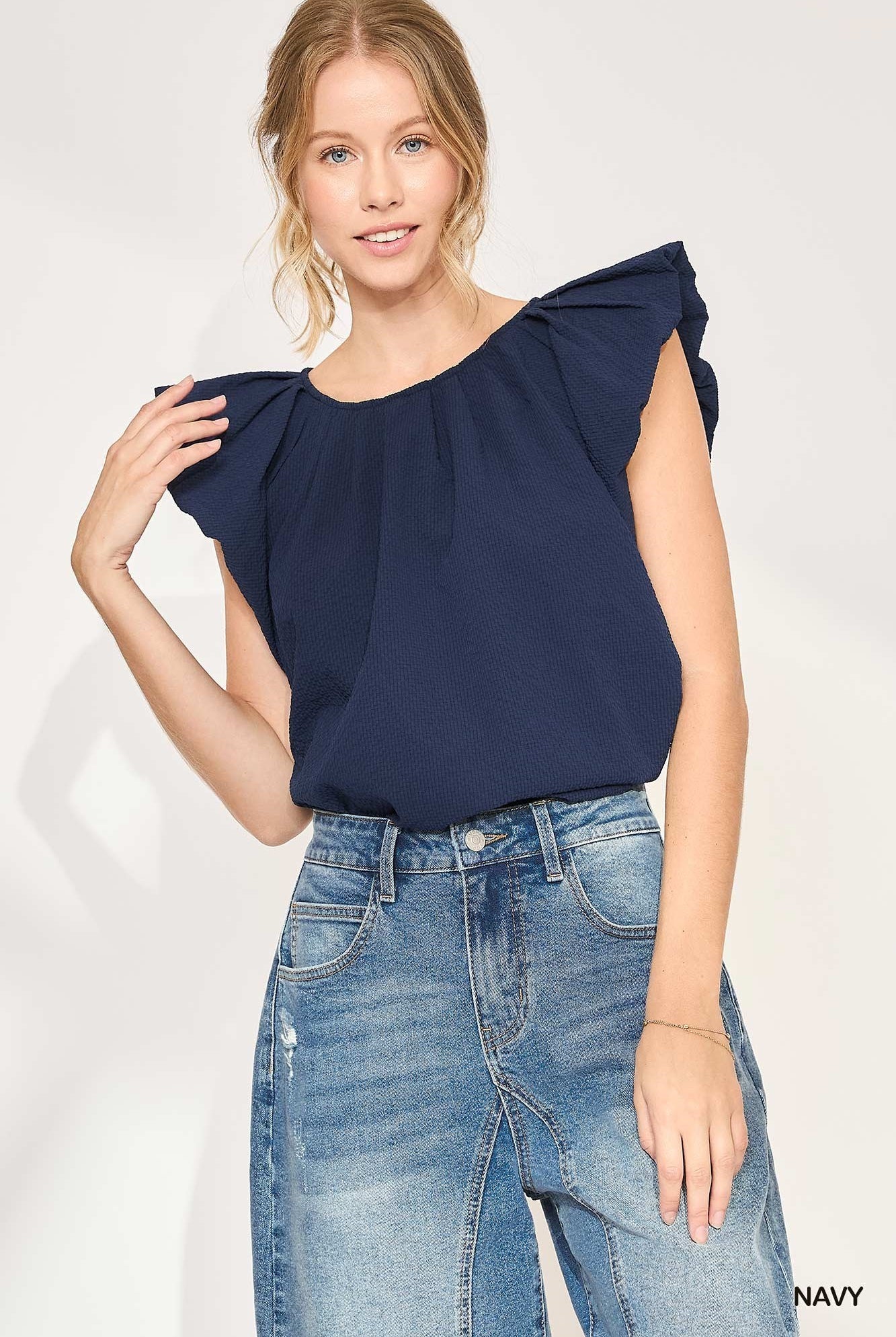 Navy Flutter Sleeve Pleated Crew Neck Blouse by Umgee-Tops-Umgee-Deja Nu Boutique, Women's Fashion Boutique in Lampasas, Texas