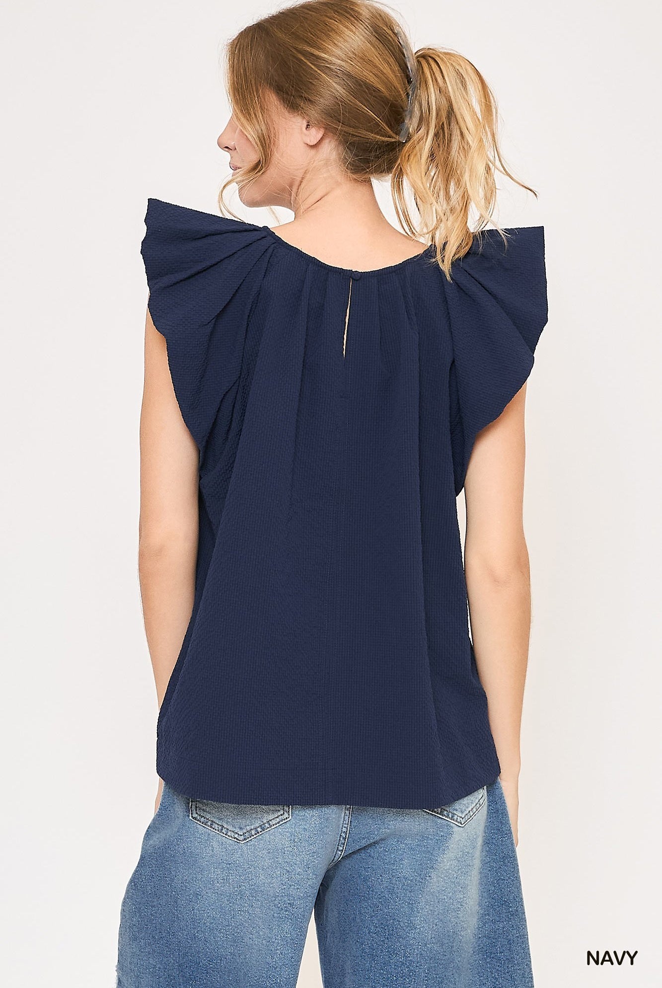 Navy Flutter Sleeve Pleated Crew Neck Blouse by Umgee-Tops-Umgee-Deja Nu Boutique, Women's Fashion Boutique in Lampasas, Texas
