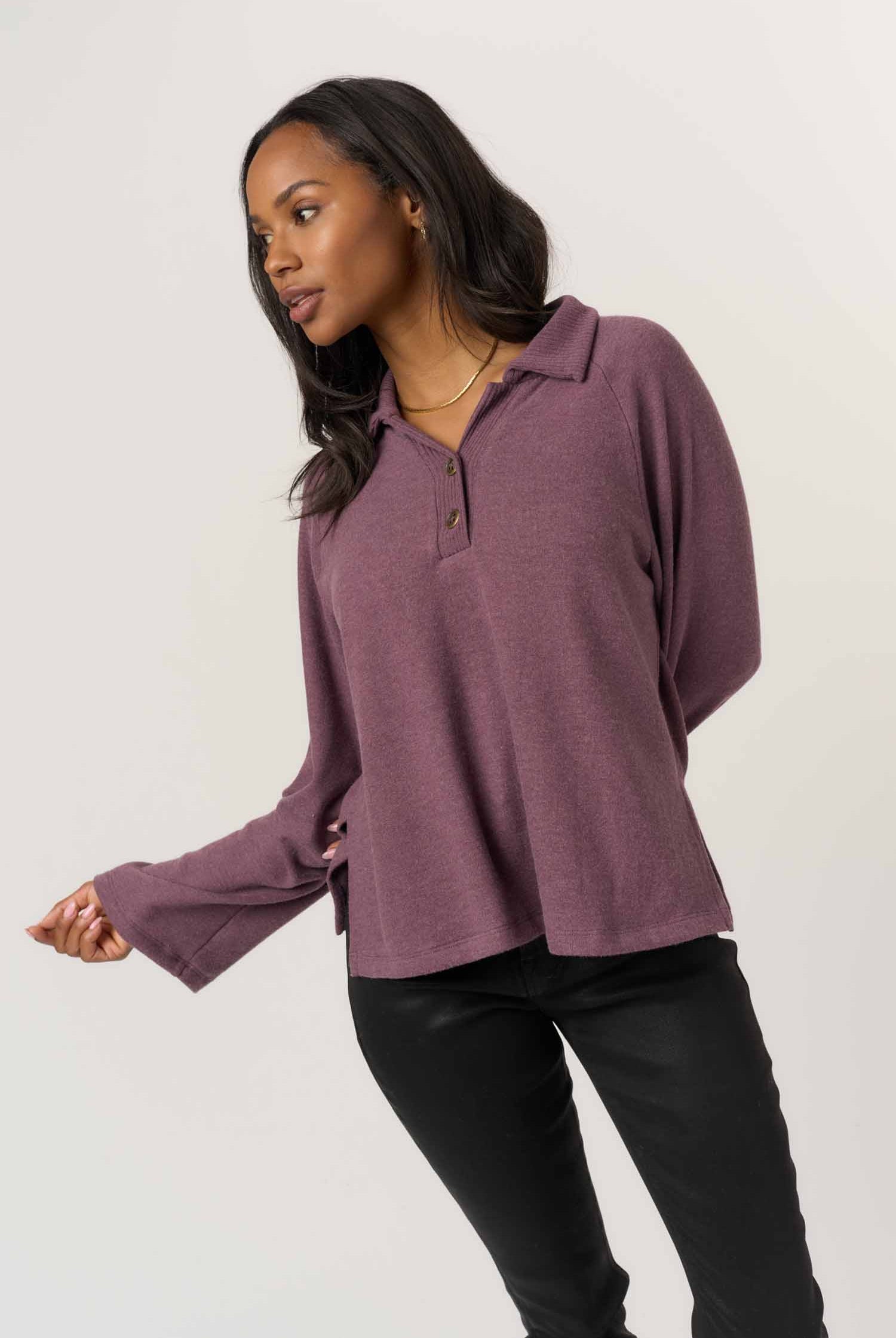 Project Social T Enzo Cozy Collared Henley in Raisin-Tops-Project Social T-Deja Nu Boutique, Women's Fashion Boutique in Lampasas, Texas