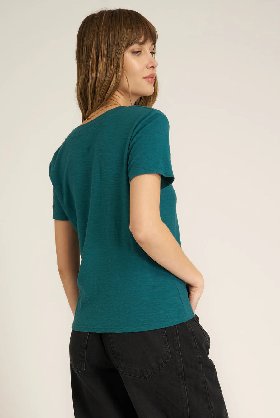 Project Social T Plata Notched V-Neck Tee – Pacific Teal, Blue Lagoon & Persimmon-Tops-Project Social T-Deja Nu Boutique, Women's Fashion Boutique in Lampasas, Texas