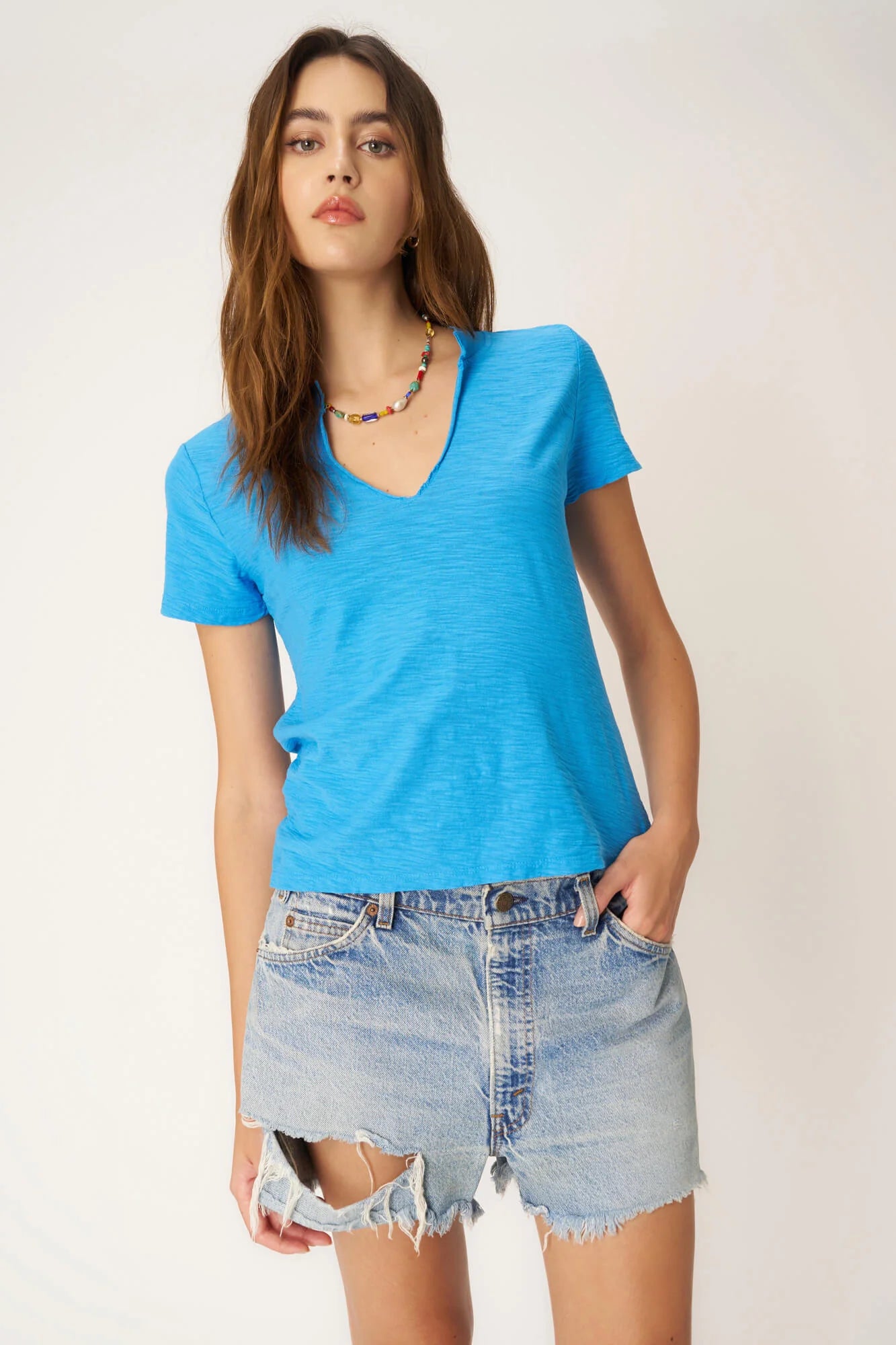 Project Social T Plata Notched V-Neck Tee – Pacific Teal, Blue Lagoon & Persimmon-Tops-Project Social T-Deja Nu Boutique, Women's Fashion Boutique in Lampasas, Texas