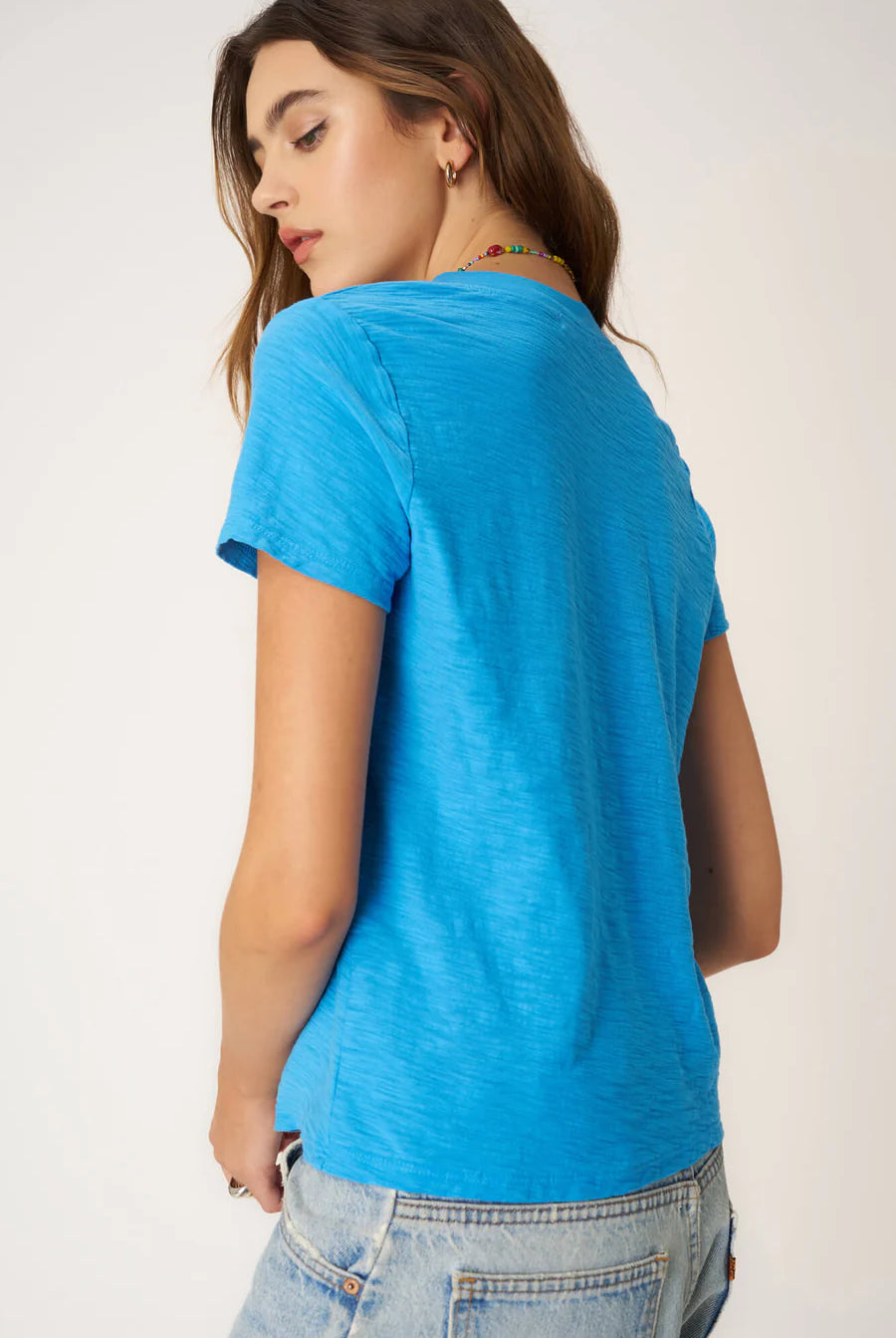 Project Social T Plata Notched V-Neck Tee – Pacific Teal, Blue Lagoon & Persimmon-Tops-Project Social T-Deja Nu Boutique, Women's Fashion Boutique in Lampasas, Texas