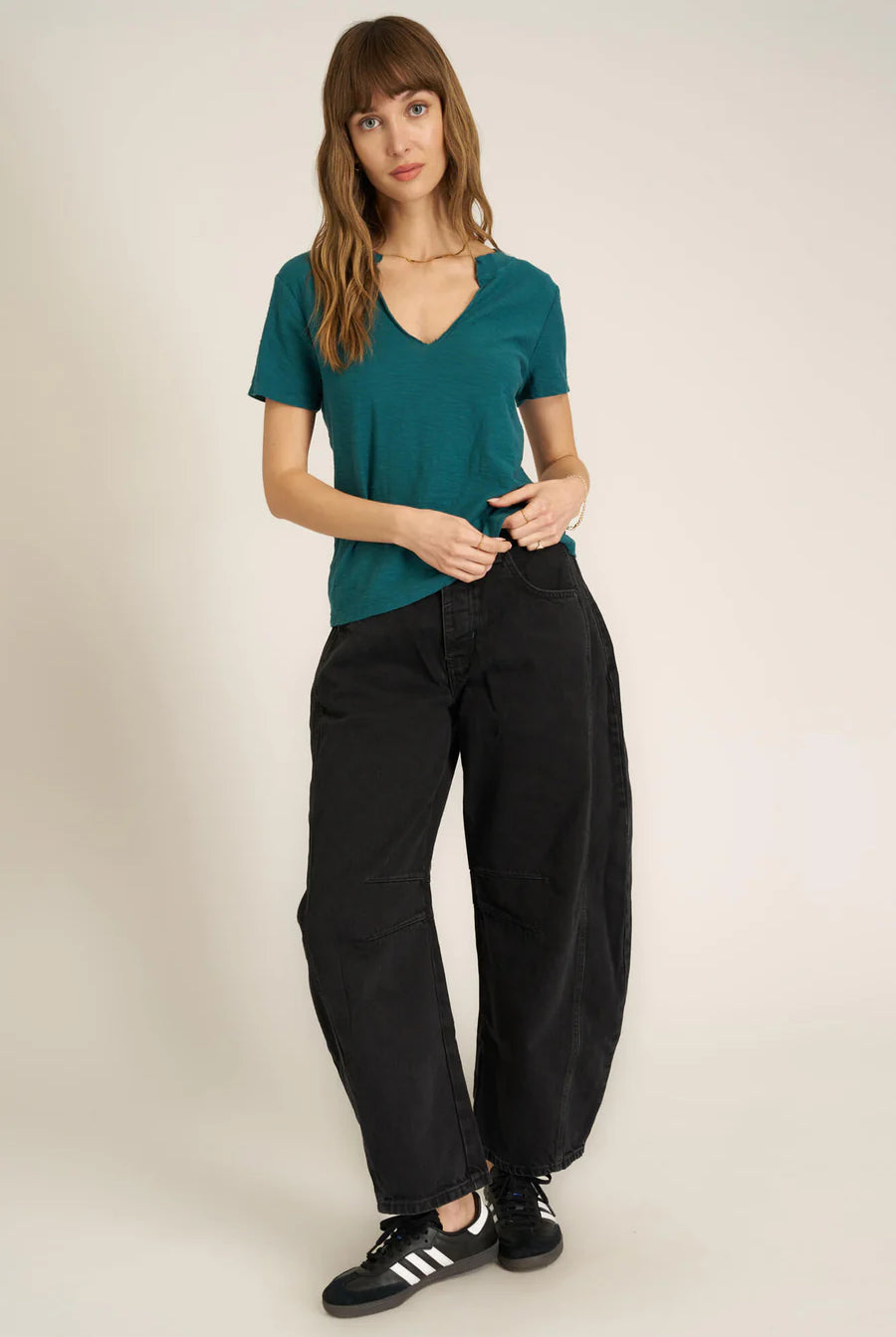 Project Social T Plata Notched V-Neck Tee – Pacific Teal, Blue Lagoon & Persimmon-Tops-Project Social T-Deja Nu Boutique, Women's Fashion Boutique in Lampasas, Texas