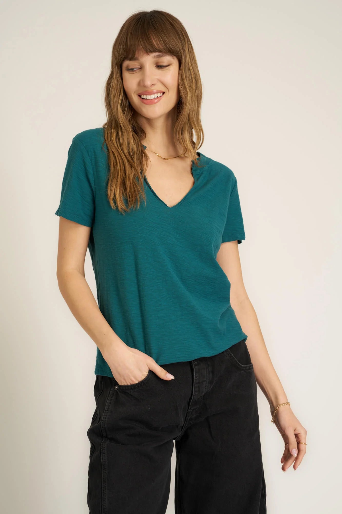 Project Social T Plata Notched V-Neck Tee – Pacific Teal, Blue Lagoon & Persimmon-Tops-Project Social T-Deja Nu Boutique, Women's Fashion Boutique in Lampasas, Texas