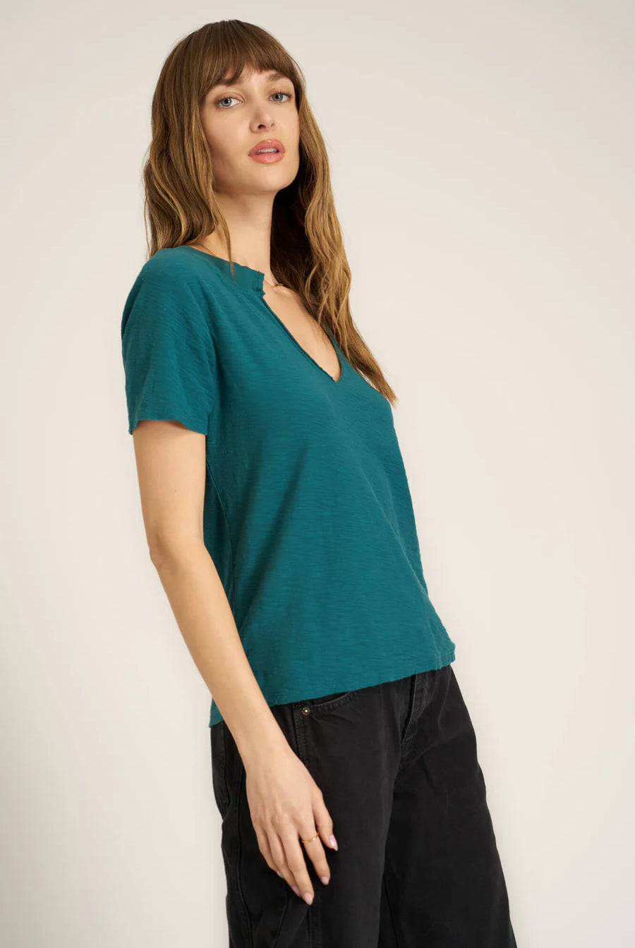 Project Social T Plata Notched V-Neck Tee – Pacific Teal, Blue Lagoon & Persimmon-Tops-Project Social T-Deja Nu Boutique, Women's Fashion Boutique in Lampasas, Texas