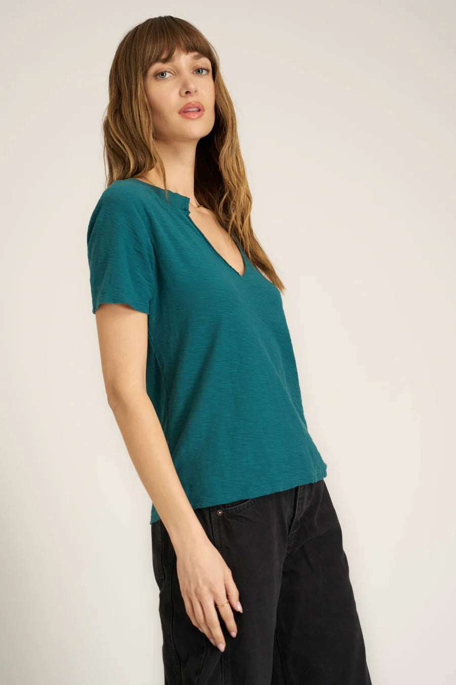 Project Social T Plata Notched V-Neck Tee – Pacific Teal, Blue Lagoon & Persimmon-Tops-Project Social T-Deja Nu Boutique, Women's Fashion Boutique in Lampasas, Texas