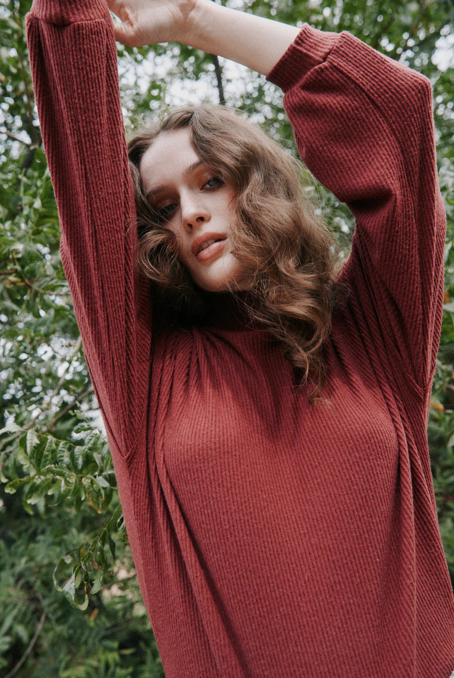 Project Social T Becca Cozy Rib Funnel Neck Top In Spiced Copper-Tops-Project Social T-Deja Nu Boutique, Women's Fashion Boutique in Lampasas, Texas