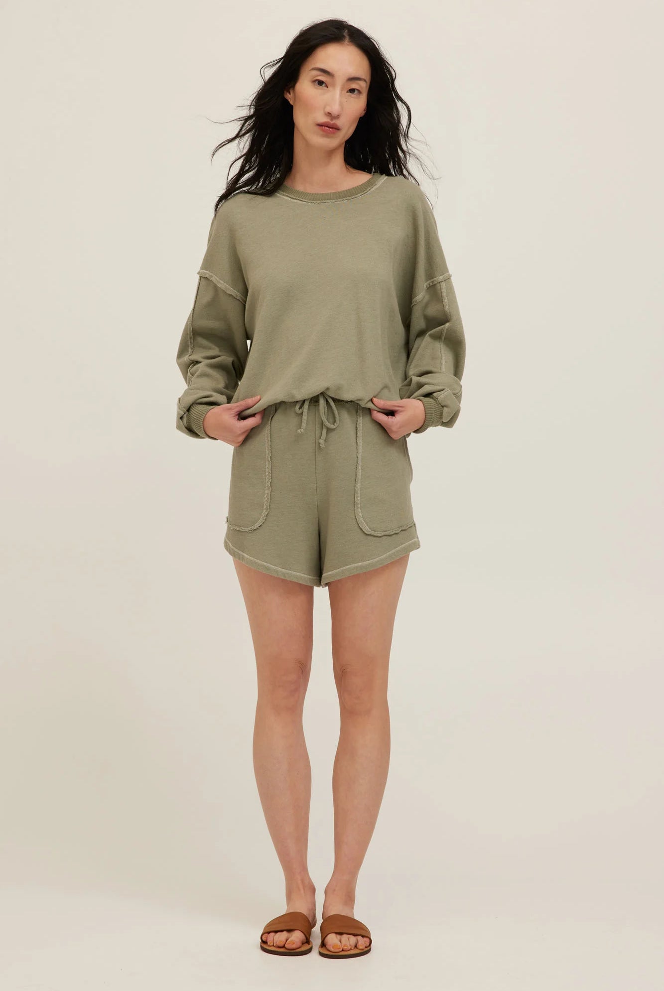 Project Social T Greene Heathered Contrast Stitch Short – Sage Leaf-Shorts-Project Social T-Deja Nu Boutique, Women's Fashion Boutique in Lampasas, Texas