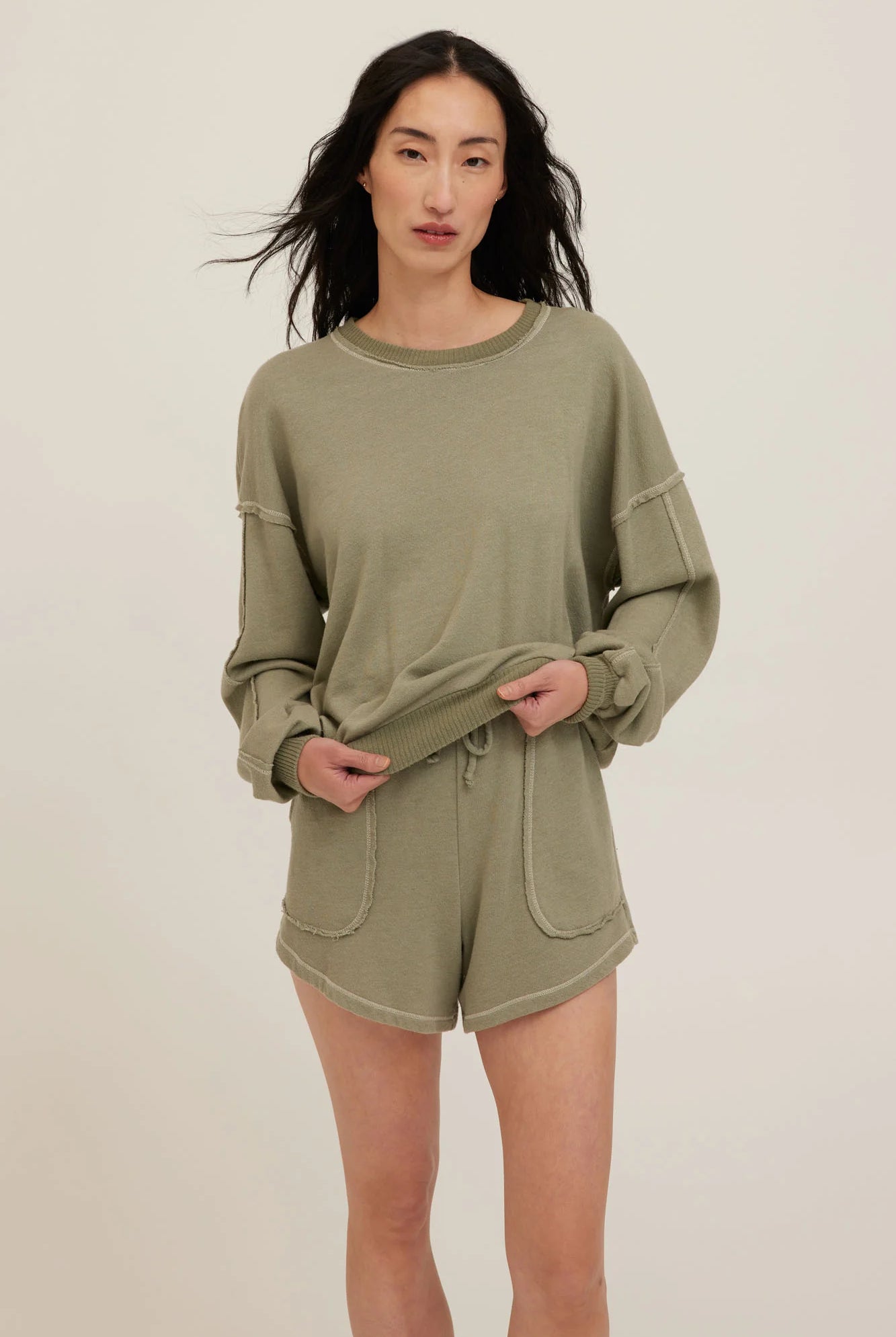 Project Social T Greene Heathered Contrast Stitch Short – Sage Leaf-Shorts-Project Social T-Deja Nu Boutique, Women's Fashion Boutique in Lampasas, Texas