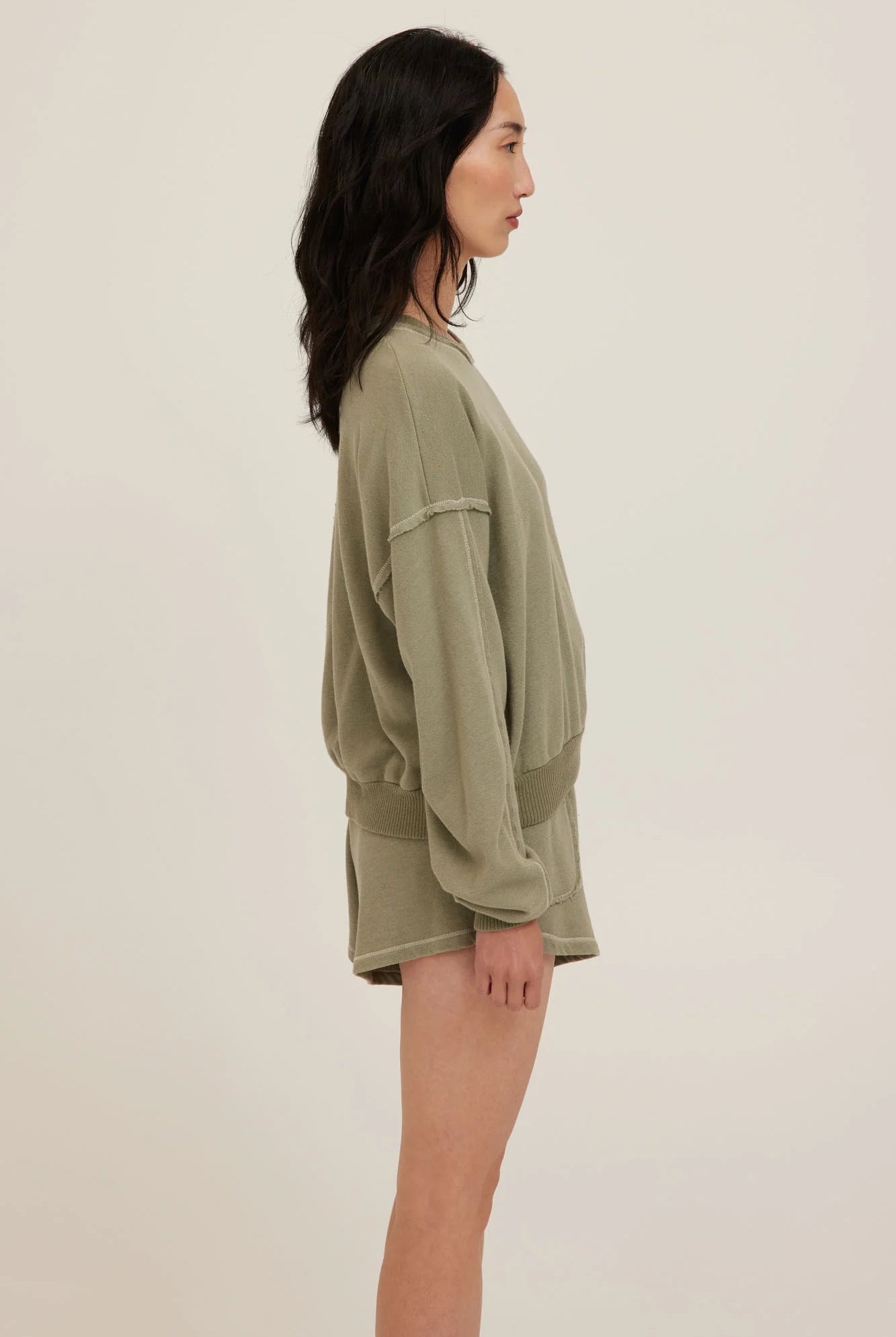 Project Social T Greene Heathered Contrast Stitch Short – Sage Leaf-Shorts-Project Social T-Deja Nu Boutique, Women's Fashion Boutique in Lampasas, Texas