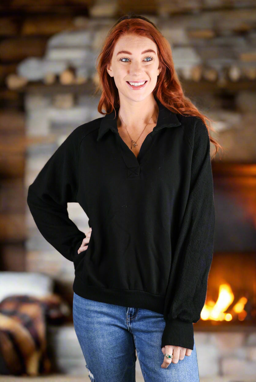 Project Social T Mari Mixed Fleece Collared Pullover In Black-Tops-Project Social T-Deja Nu Boutique, Women's Fashion Boutique in Lampasas, Texas