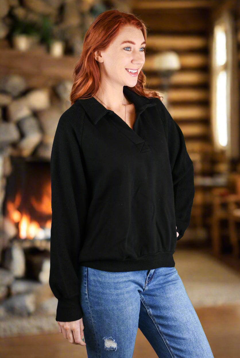 Project Social T Mari Mixed Fleece Collared Pullover In Black-Tops-Project Social T-Deja Nu Boutique, Women's Fashion Boutique in Lampasas, Texas