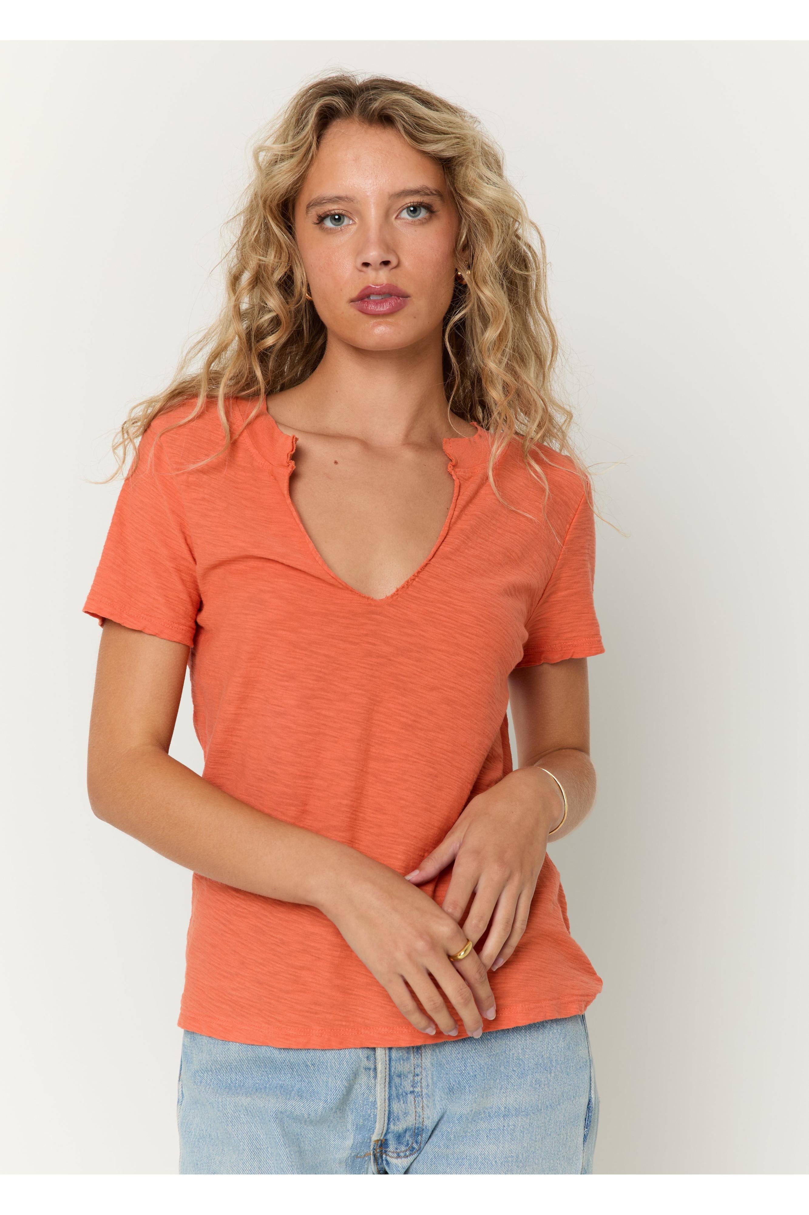 Project Social T Plata Notched V-Neck Tee – Pacific Teal, Blue Lagoon & Persimmon-Tops-Project Social T-Deja Nu Boutique, Women's Fashion Boutique in Lampasas, Texas