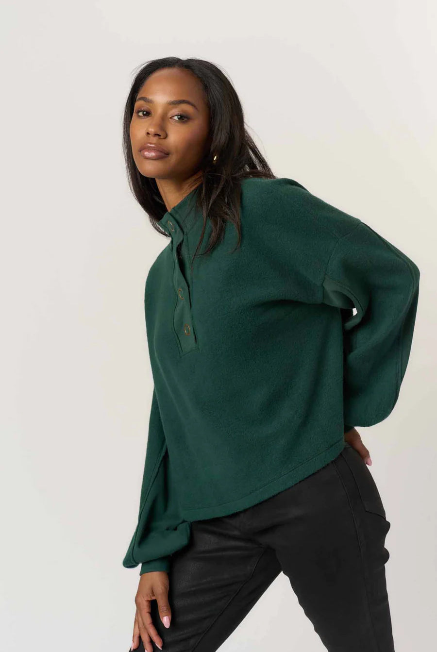 Project Social T Saturn Mixed Fleece Henley Sweatshirt in Midnight Emerald-sweatshirt-Project Social T-Deja Nu Boutique, Women's Fashion Boutique in Lampasas, Texas
