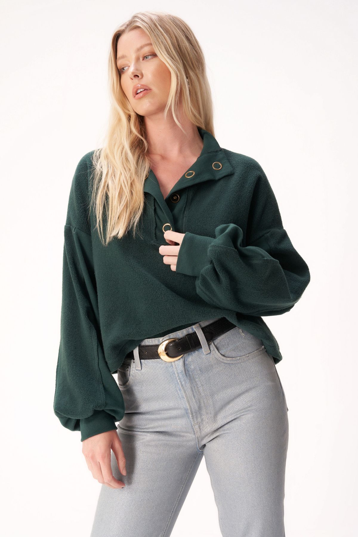 Project Social T Saturn Mixed Fleece Henley Sweatshirt in Midnight Emerald-sweatshirt-Project Social T-Deja Nu Boutique, Women's Fashion Boutique in Lampasas, Texas