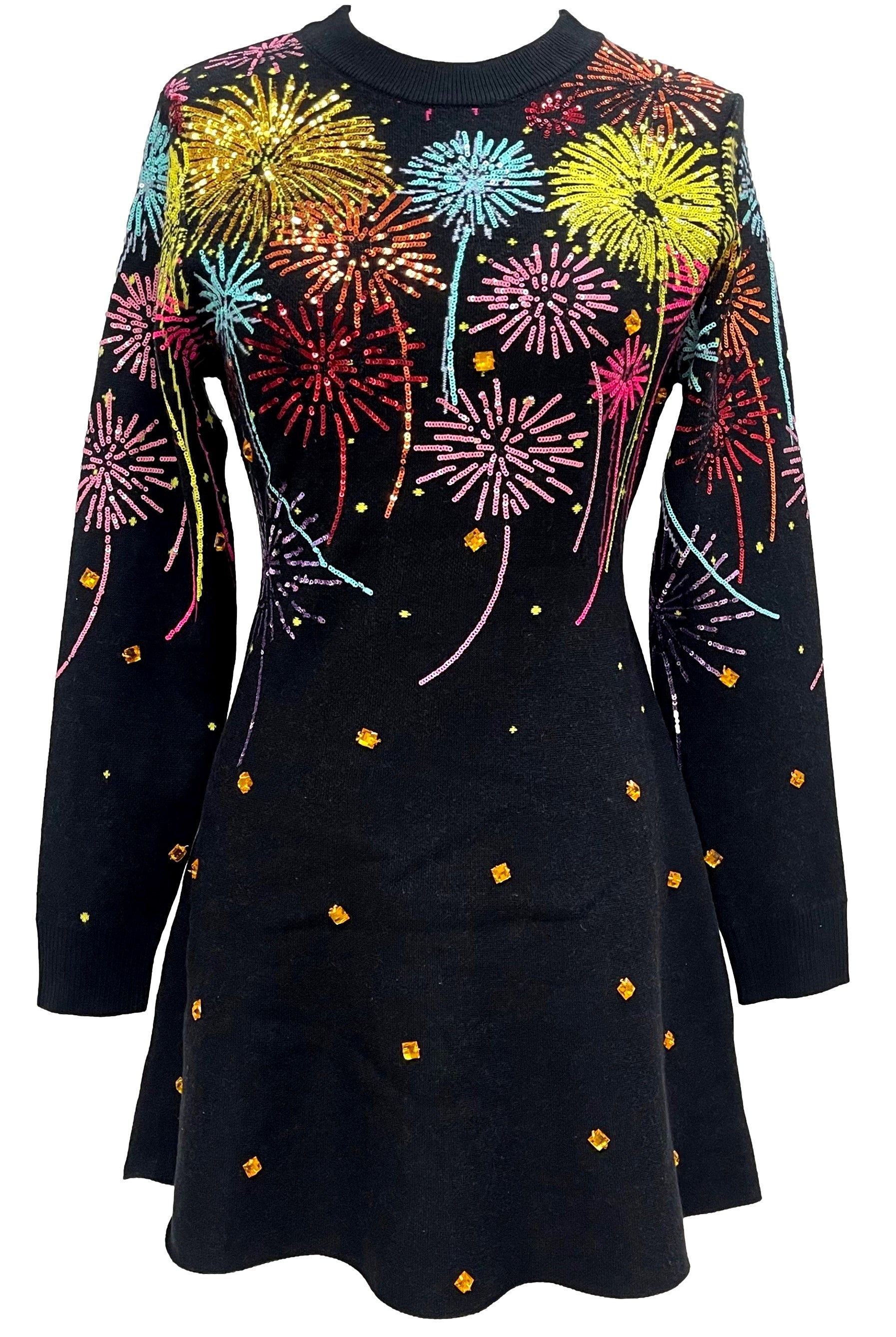 QUEEN OF SPARKLES Black Multi Rainbow Firework Jeweled Sweater Dress-Dresses-Queen Of Sparkles-Deja Nu Boutique, Women's Fashion Boutique in Lampasas, Texas