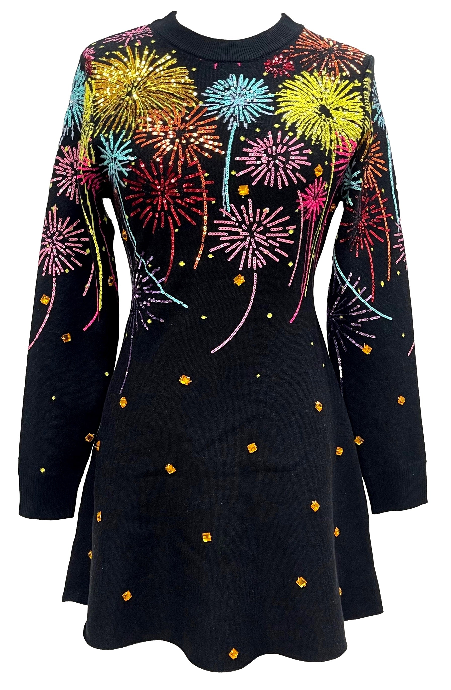 QUEEN OF SPARKLES Black Multi Rainbow Firework Jeweled Sweater Dress-Dresses-Queen Of Sparkles-Deja Nu Boutique, Women's Fashion Boutique in Lampasas, Texas