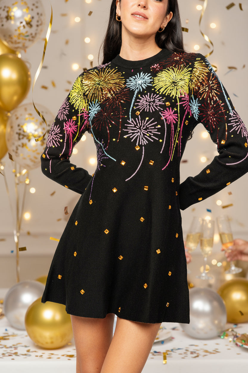 QUEEN OF SPARKLES Black Multi Rainbow Firework Jeweled Sweater Dress-Dresses-Queen Of Sparkles-Deja Nu Boutique, Women's Fashion Boutique in Lampasas, Texas