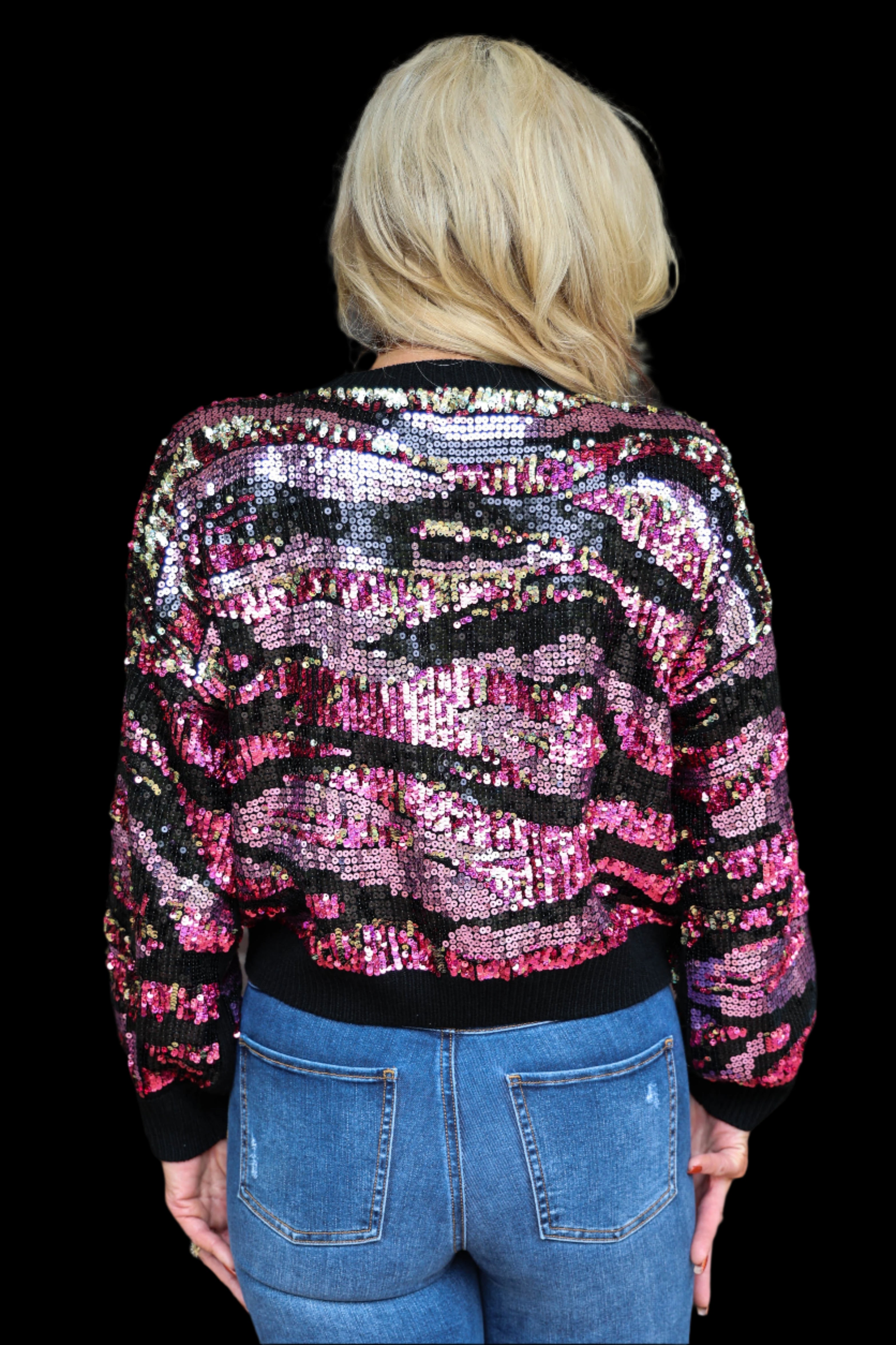 Queen Of Sparkles Black Pink And Purple Sequin Tiger Print Sweater-Sweaters-Queen Of Sparkles-Deja Nu Boutique, Women's Fashion Boutique in Lampasas, Texas