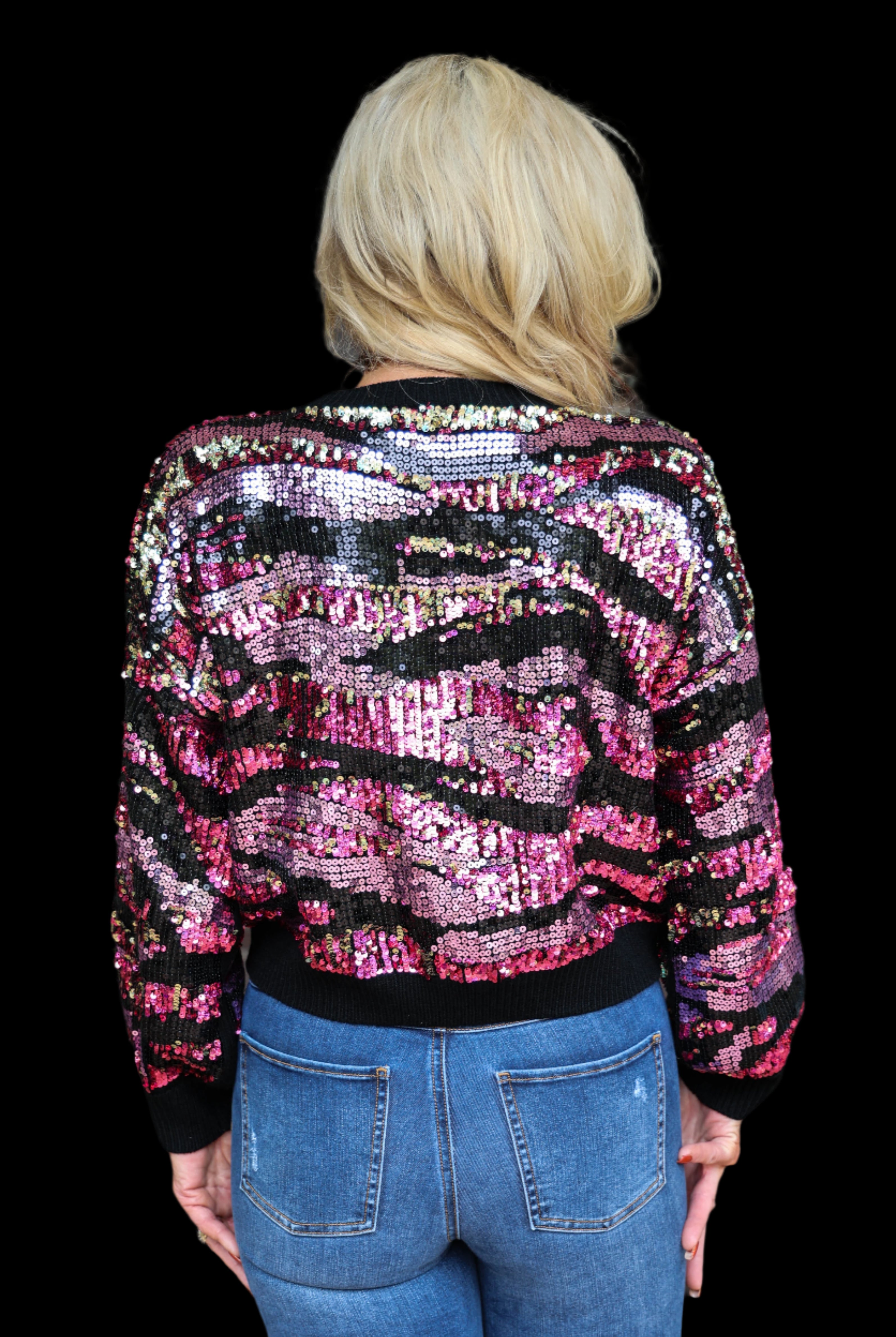Queen Of Sparkles Black Pink And Purple Sequin Tiger Print Sweater-Sweaters-Queen Of Sparkles-Deja Nu Boutique, Women's Fashion Boutique in Lampasas, Texas
