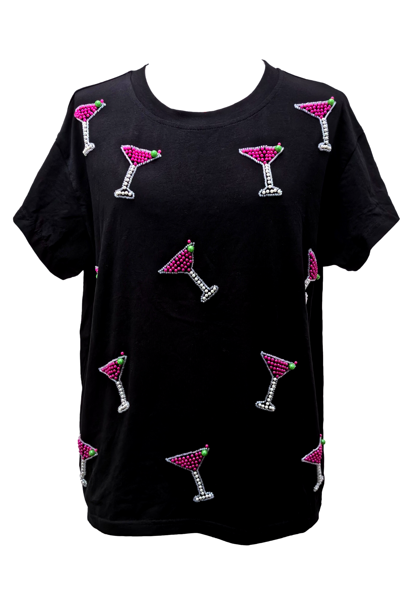 Queen Of Sparkles Black & Pink Scattered Pearl Cosmo Tee-Tops-Queen Of Sparkles-Deja Nu Boutique, Women's Fashion Boutique in Lampasas, Texas