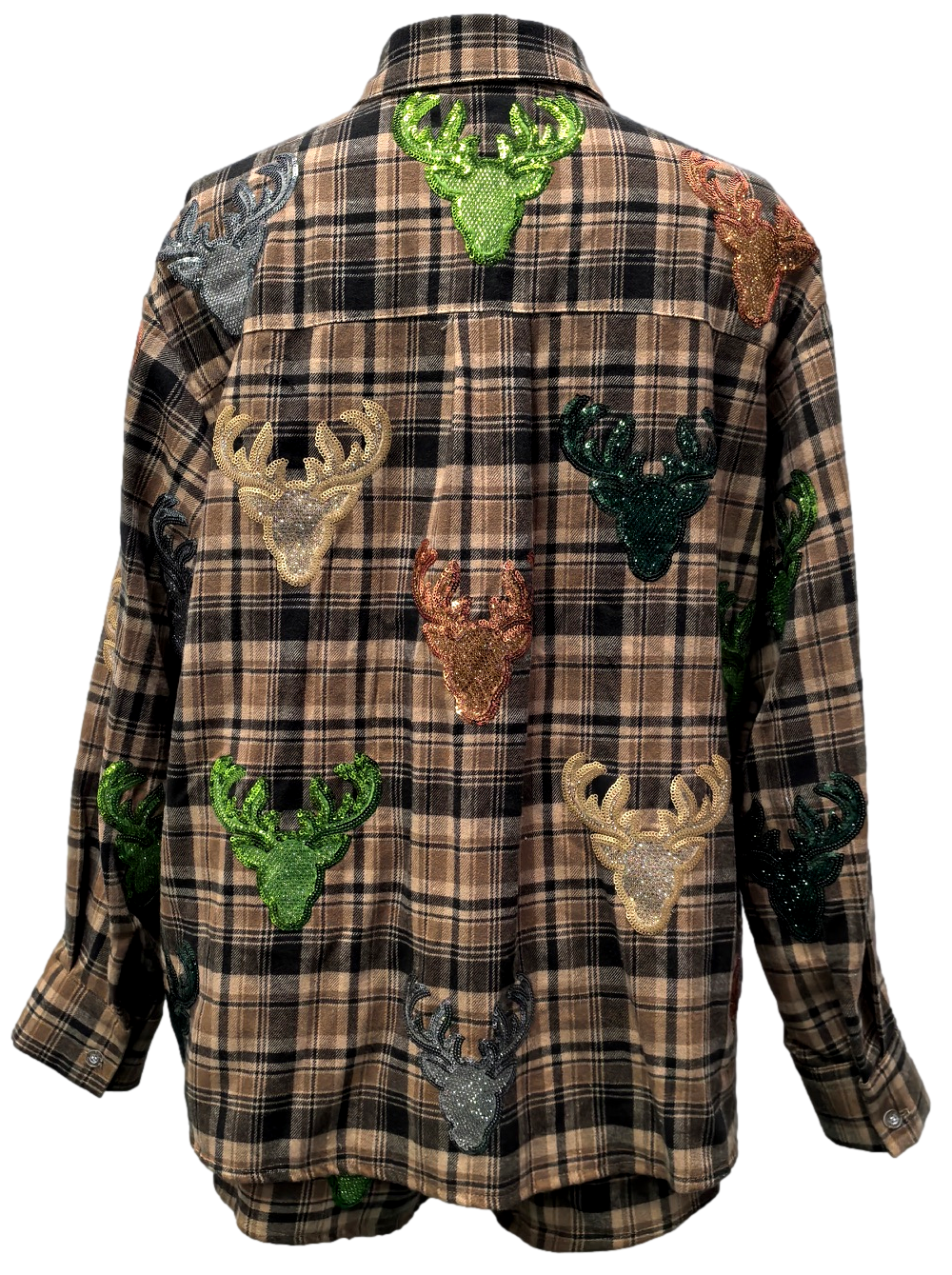 Queen Of Sparkles Brown Plaid Multi Deer Head Button Up Long Sleeve Top-shirts-Queen Of Sparkles-Deja Nu Boutique, Women's Fashion Boutique in Lampasas, Texas