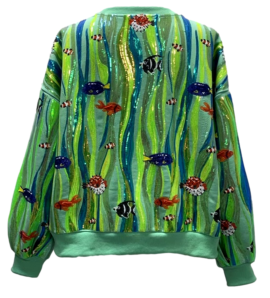 Queen Of Sparkles Green Multi Sequin Fish In Underwater Leaves Sweatshirt-sweatshirt-Queen Of Sparkles-Deja Nu Boutique, Women's Fashion Boutique in Lampasas, Texas