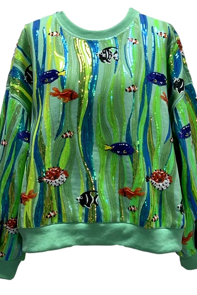 Queen Of Sparkles Green Multi Sequin Fish In Underwater Leaves Sweatshirt-sweatshirt-Queen Of Sparkles-Deja Nu Boutique, Women's Fashion Boutique in Lampasas, Texas