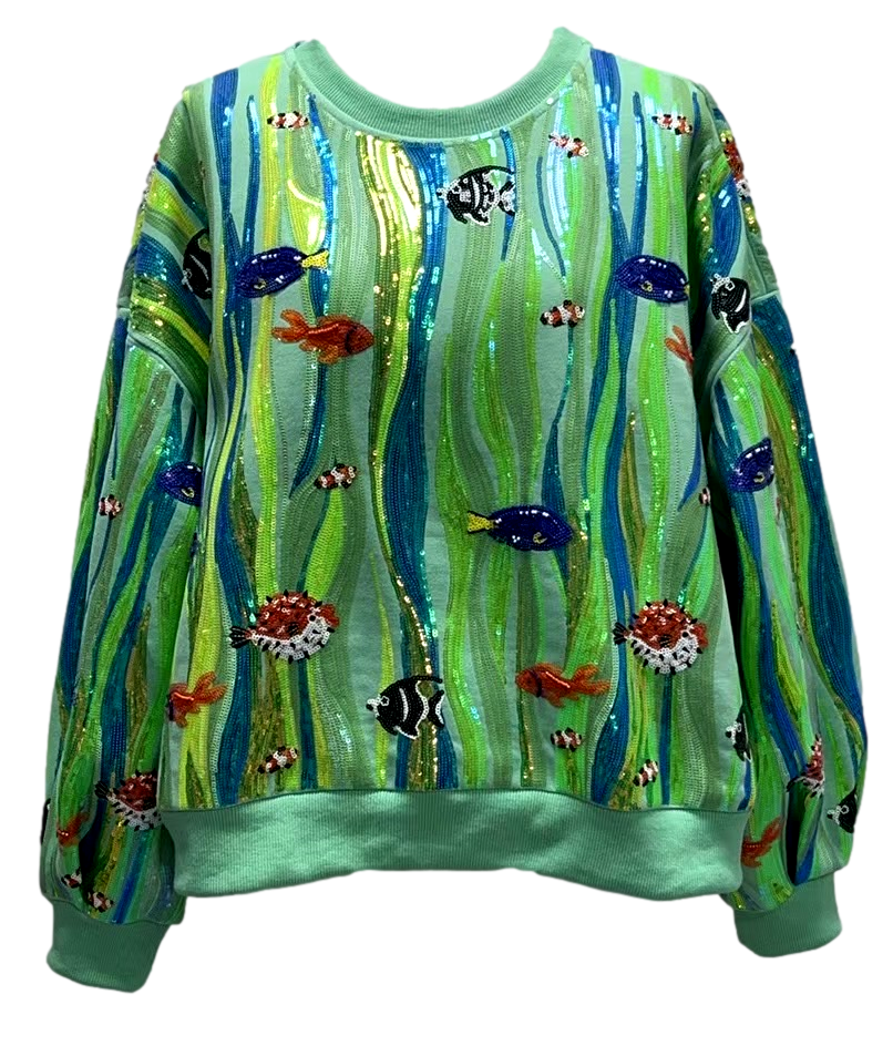 Queen Of Sparkles Green Multi Sequin Fish In Underwater Leaves Sweatshirt-sweatshirt-Queen Of Sparkles-Deja Nu Boutique, Women's Fashion Boutique in Lampasas, Texas