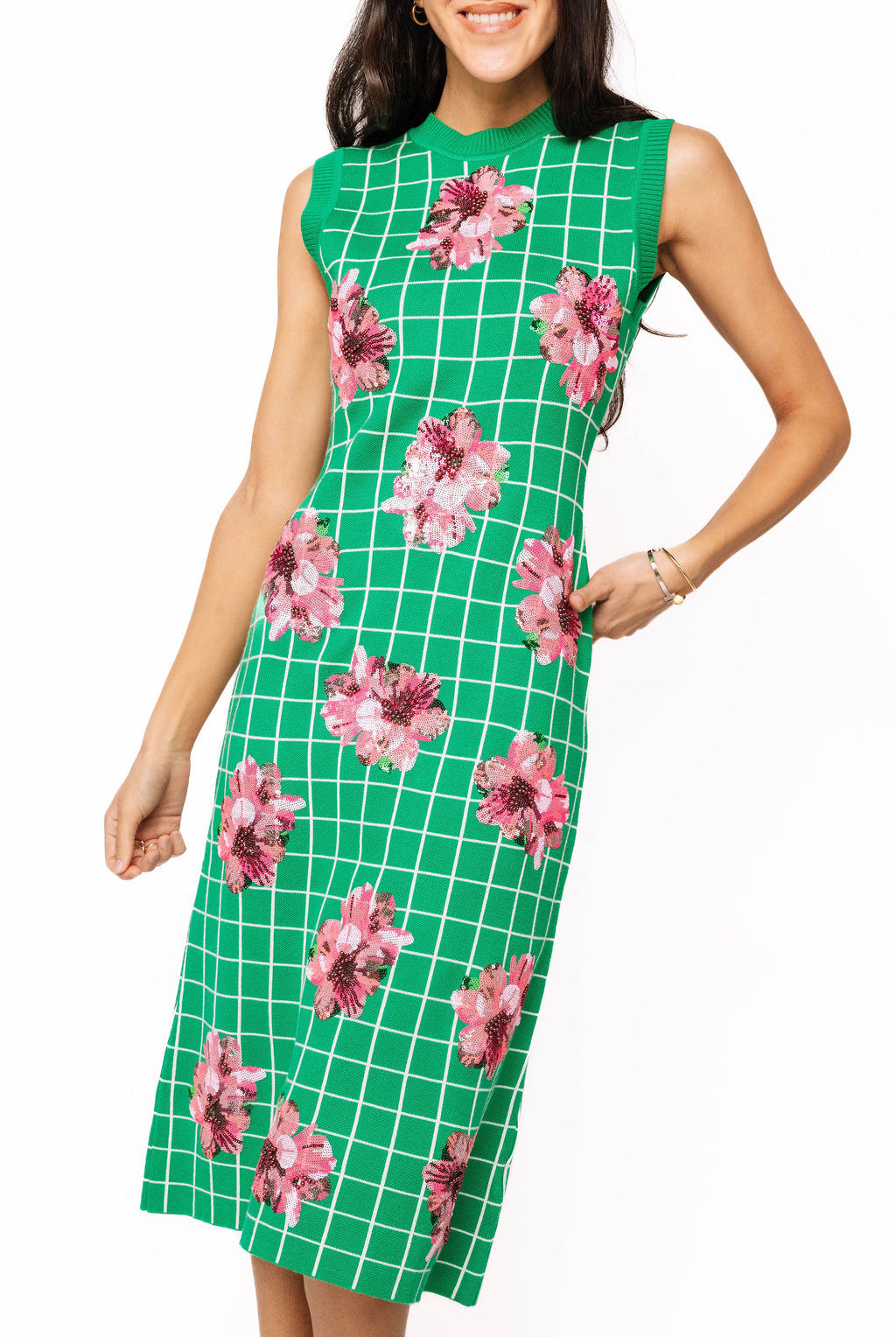 Queen Of Sparkles Green & White Checkered Pink Azalea Knit Midi Dress-Midi Dresses-Queen Of Sparkles-Deja Nu Boutique, Women's Fashion Boutique in Lampasas, Texas