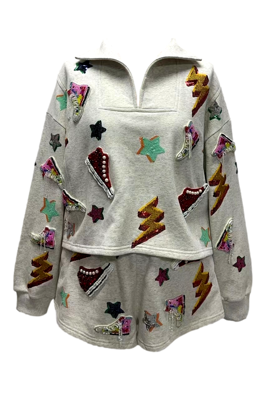 Queen Of Sparkles Grey Sneaker And Lightning Bolt Collar Sweatshirt-Tops-Queen Of Sparkles-Deja Nu Boutique, Women's Fashion Boutique in Lampasas, Texas