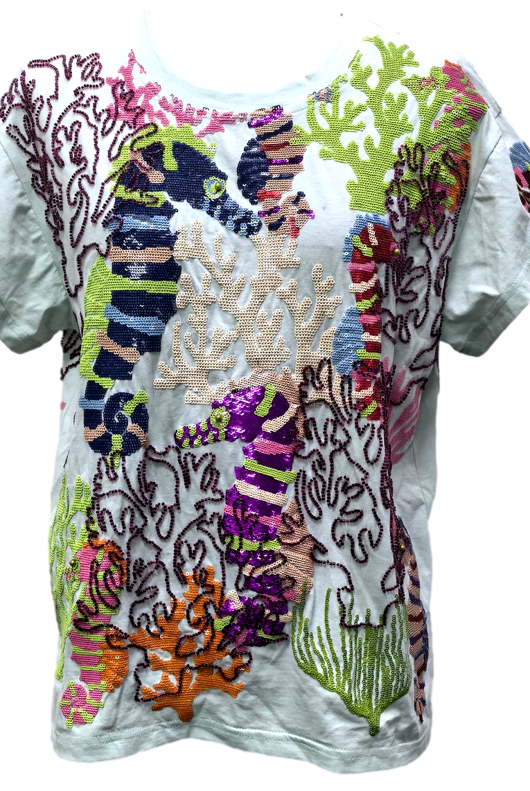 Queen Of Sparkles Light Blue Multi Coral & Seahorse Tee-T-Shirts-Queen Of Sparkles-Deja Nu Boutique, Women's Fashion Boutique in Lampasas, Texas