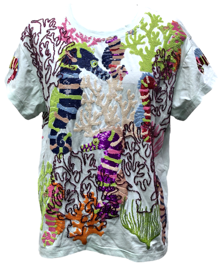 Queen Of Sparkles Light Blue Multi Coral & Seahorse Tee-T-Shirts-Queen Of Sparkles-Deja Nu Boutique, Women's Fashion Boutique in Lampasas, Texas
