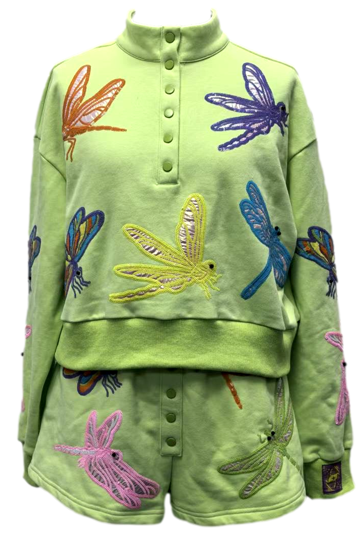Queen of Sparkles Light Green Multi Dragonfly Henley Sweatshirt-Tops-Queen Of Sparkles-Deja Nu Boutique, Women's Fashion Boutique in Lampasas, Texas