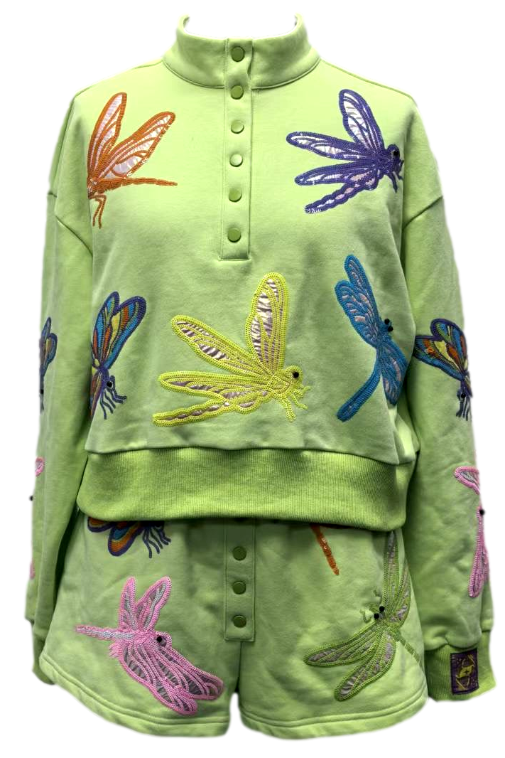 Queen of Sparkles Light Green Multi Dragonfly Henley Sweatshirt-Tops-Queen Of Sparkles-Deja Nu Boutique, Women's Fashion Boutique in Lampasas, Texas