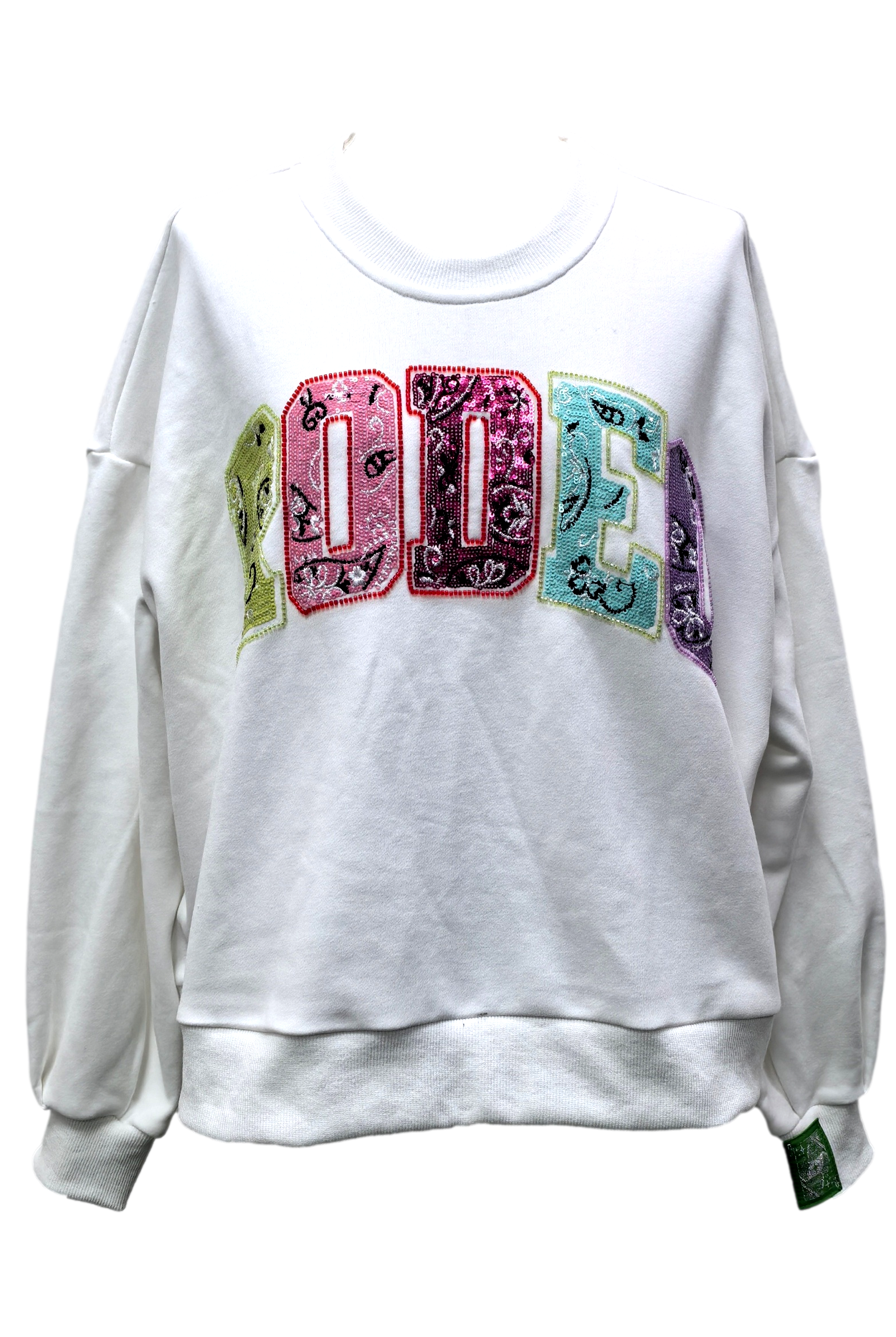 Queen Of Sparkles White Multi Bandana Sequin Rodeo Sweatshirt-Sweaters-Queen Of Sparkles-Deja Nu Boutique, Women's Fashion Boutique in Lampasas, Texas