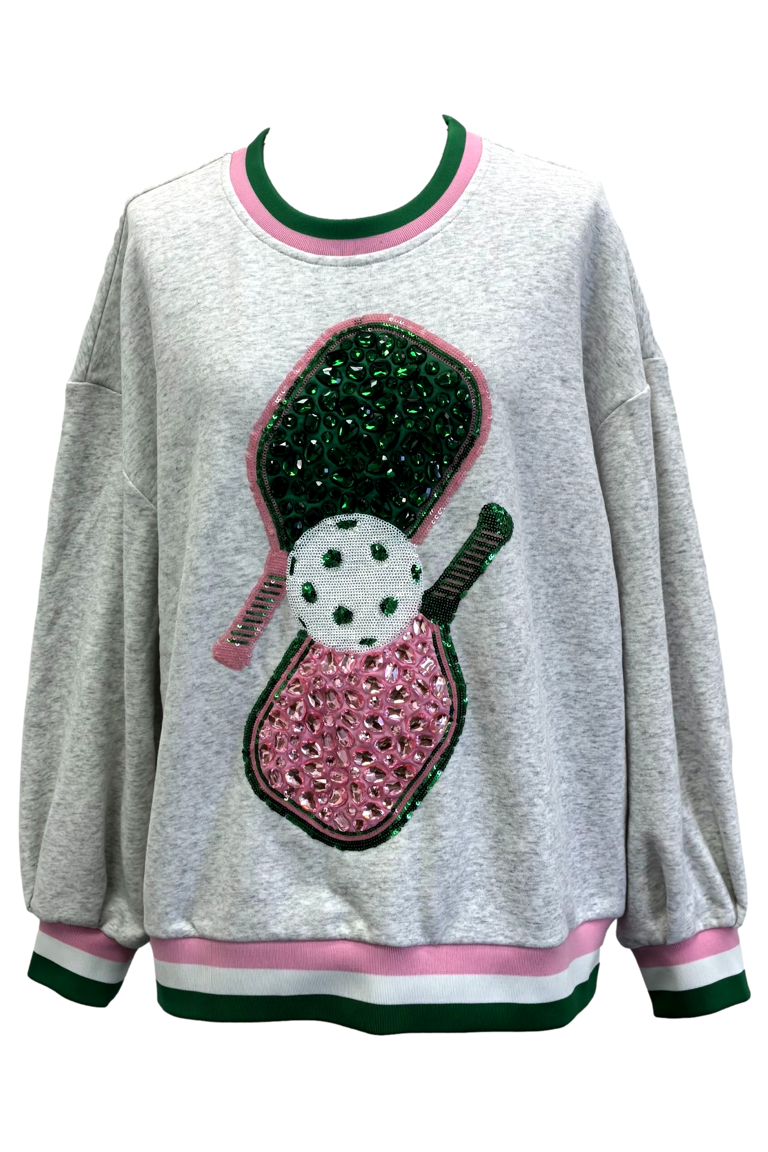 Queen Of Sparkles - Grey, Green And Pink Jeweled Sport Stripe Pickle Ball Sweatshirt-Tops-Queen Of Sparkles-Deja Nu Boutique, Women's Fashion Boutique in Lampasas, Texas