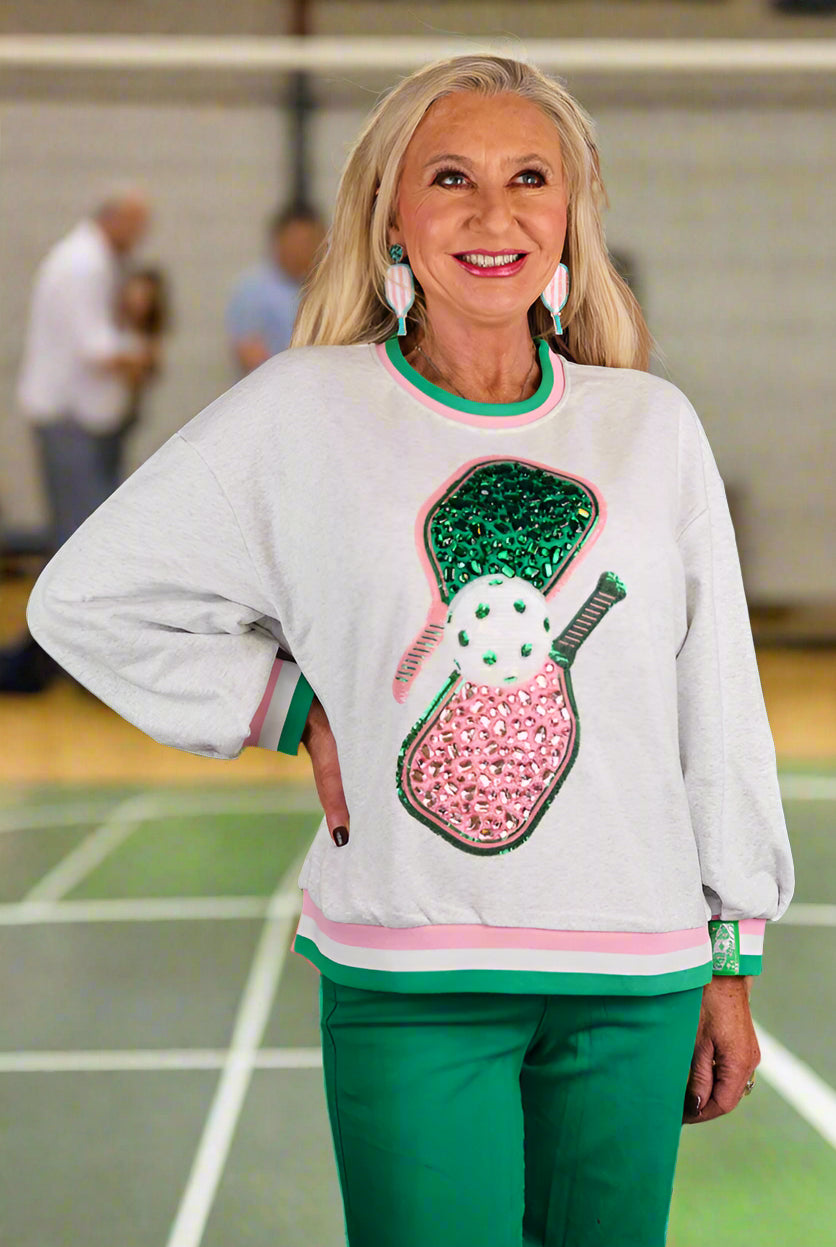 Queen Of Sparkles - Grey, Green And Pink Jeweled Sport Stripe Pickle Ball Sweatshirt-Tops-Queen Of Sparkles-Deja Nu Boutique, Women's Fashion Boutique in Lampasas, Texas