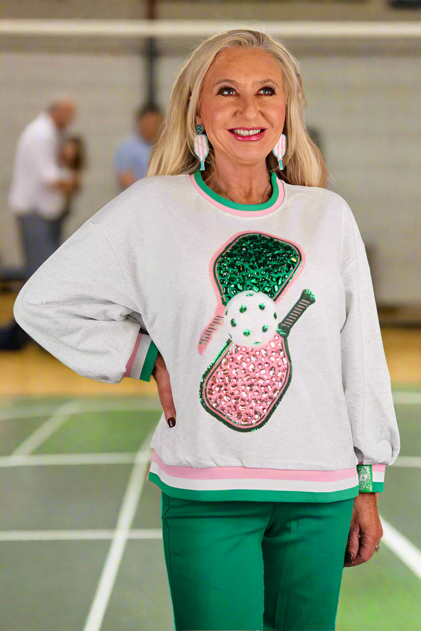 Queen Of Sparkles - Grey, Green And Pink Jeweled Sport Stripe Pickle Ball Sweatshirt-Tops-Queen Of Sparkles-Deja Nu Boutique, Women's Fashion Boutique in Lampasas, Texas